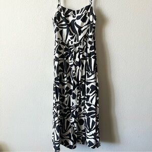 Rachel Zoe Monochrome Patterned Boho Tiered Linen Blend Maxi Dress w/ Pockets M